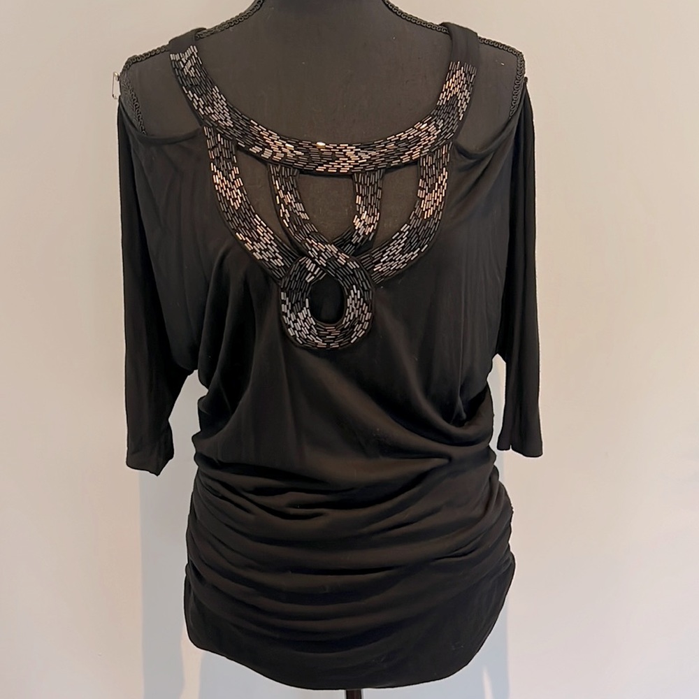 Beaded ruched long black blouse